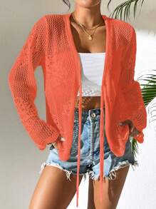 Breezaya Áo len cardigan dệt kim rỗng màu trơn đơn giản cho kỳ nghỉ - trái cam - Xem 5