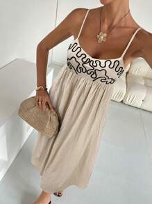 Siren Gaze 女士简约拼色细肩带连衣裙，适合夏季 - 杏色 - 查看 2