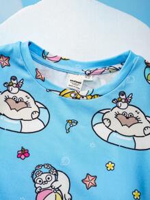 SEALOOK X SHEIN Conjunto de 2 piezas para niño pequeño con camiseta azul con diseño de foca y estrella de mar del mundo acuático y shorts de rayas azules y blancas para playa de verano - Azul - Ver 3