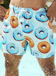 Surfspeed Men's Summer Donut Print Drawstring Waist Beach Shorts - Baby Blue - View 2