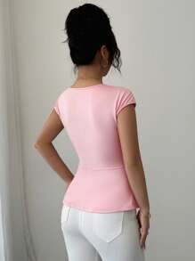 Elenzga Regata Preta Slim Fit Cintura Marcada Estilo Elegante Francês para Mulheres - Rosa chiclete - Visão 2