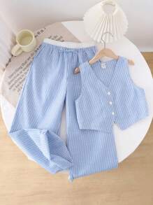 SHEIN Ensemble élégant et mode de couleur bloquée à rayures sans manches pour jeunes filles