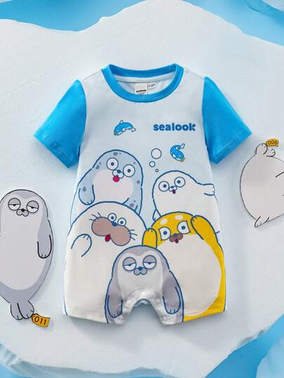 SEALOOK X SHEIN Baby Boy Cartoon Cute Seal Print Blue Short Sleeve Comfortable Romper