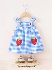 Cozy Pixies Baby Girl Strawberry Pattern Square Neck Ruffle Hem Cinched Waist Sleeveless Dress - Blue - View 4