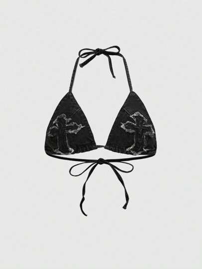 Grunge Punk Women Gothic Punk Cross Frayed Embroidered Denim Cami Bra Top