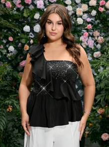 SHEIN MOD Plus Size Women Shiny Metallic Foil One Shoulder Elegant Party Camisole Top - Black - View 5