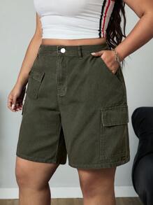 SHEIN ICON Plus Size Summer Casual Solid Color Multi-Pocket Shorts - Army Green - View 6