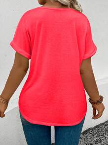 SHEIN VCAY Women's V-Neck Cuff Feather Print Casual Plus Size T-Shirt - Red - View 2