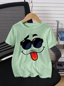 SHEIN 大码男童休闲运动笑脸印花短袖T恤