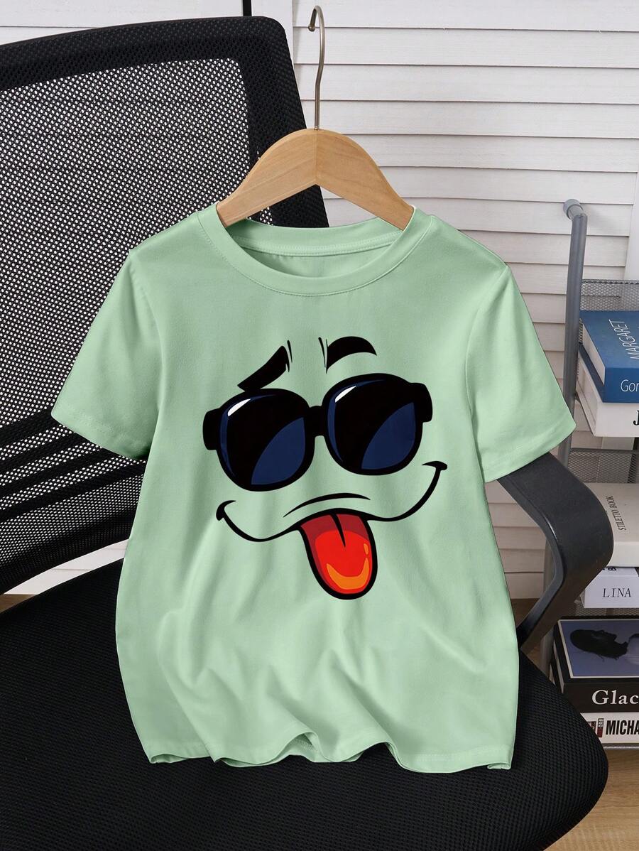 SHEIN 大码男童休闲运动笑脸印花短袖T恤