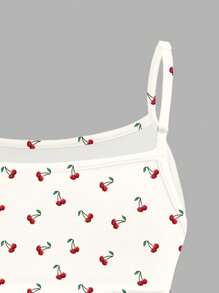 Tween Girl Slim Fit Vintage Cherry Print Form-Fitting Camisole Crop Top, Creamy White, Summer - Multicolor - View 5
