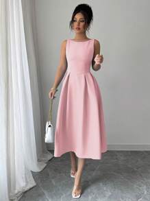 Selianne 女士露肩褶饰腰部高低下摆无袖中长连衣裙，适合通勤、下午茶、派对、春夏季 - 粉色 - 查看 4