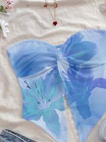 Soleia Vacation Style Orange Tropical Floral & Blue Hibiscus Tie Dye Pattern Twist Asymmetrical Hem Women Blouse, Suitable For Spring/Summer Holiday,Rave Top Suitable For Going Out - Baby Blue - View 3