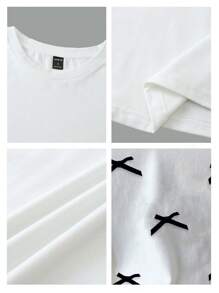 Tseoso Casual Minimalist 3D Embroidered Black Bow Crew Neck Short Sleeve Cropped Fitted Women T-Shirt, Retro Style,Bowknot Strap Suitable For Going Out