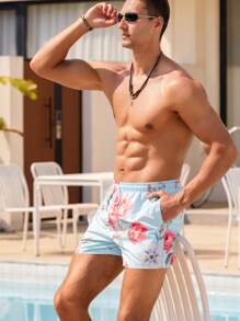 Surfspeed Men's Floral Print Pocketed Drawstring Waist Beach Shorts, Suitable For Summer - Baby Blue - View 8