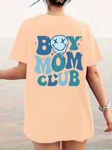 INAWLY Camiseta casual de manga corta con estampado de letra y cara sonriente de dibujos animados para mujer de talla grande - Caqui - Ver 1