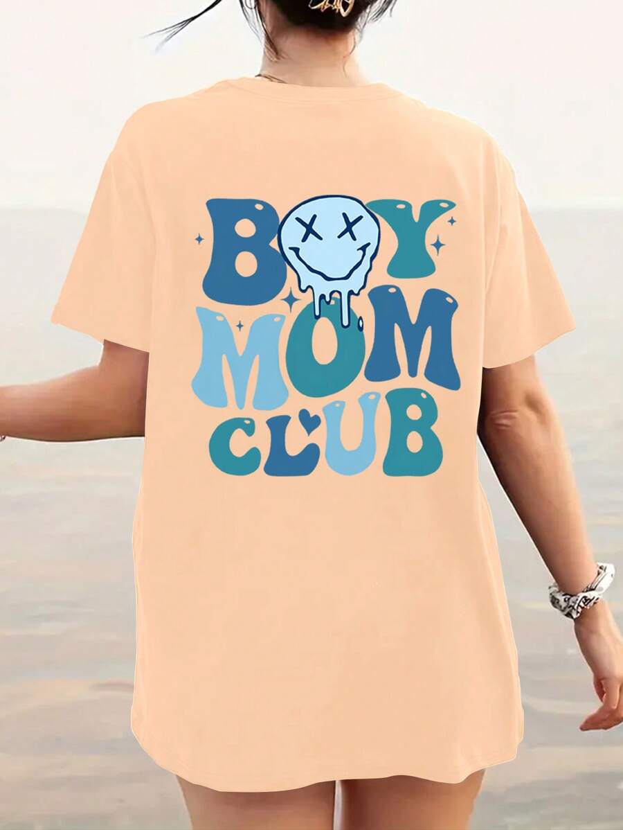 INAWLY Camiseta casual de manga corta con estampado de letra y cara sonriente de dibujos animados para mujer de talla grande - Caqui - Ver 1