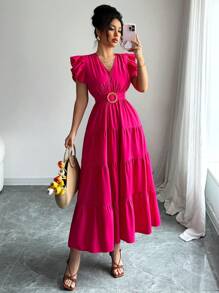 Elenzga 全新梭织褶皱荷叶边拼接胸前褶皱盖袖腰带后拉链海滩休闲修身腰部优雅优雅女士连衣裙 - 玫紅色 - 查看 6
