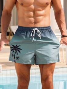 Manfinity Swimmode Men's Summer Holiday Ombre Coconut Tree Printed Drawstring Waist Beach Shorts - Green - View 4