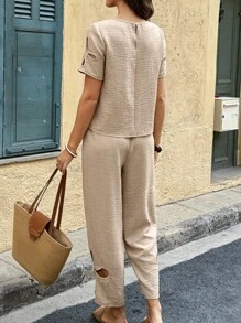 2pcs Women's Set: Hollow Sleeve Round Neck Blouse + Hollow Casual Pants - Khaki - View 2
