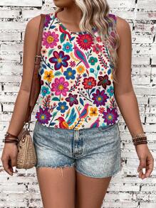 SHEIN LUNE 大码女式热带花卉和鹦鹉图案亮色印花无袖上衣和吊带背心，适合春夏季假期 - 彩色 - 查看 6