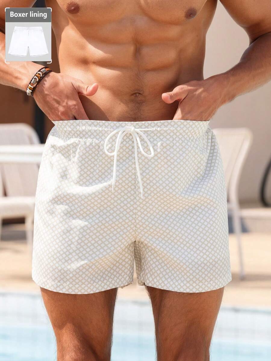 Manfinity Swimmode Men's Summer Full Print Drawstring Waist Beach Shorts, Hawaiian - Khaki - View 1