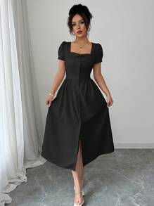 Elenzga 女士优雅梯形领、前部纽扣、系带 A 字形、侧褶下摆开衩长袖连衣裙，通勤/办公室穿着，春夏 - 黑色 - 查看 5