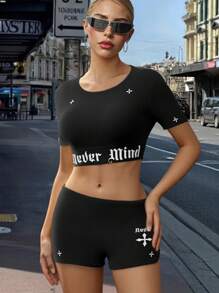 SHEIN ICON 2 Conjunto de Mujer Camiseta de Manga Corta con Estampado de Letras y Pantalones Cortos de Cintura Baja 2 Piezas Conjunto Ropa de Verano Mujer Para Outfit de Pascua y Aeropuerto de Ibiza