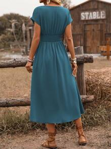 EMERY ROSE 女式波西米亚度假风格褶皱收腰打结落肩喇叭袖中长连衣裙，休闲夏季