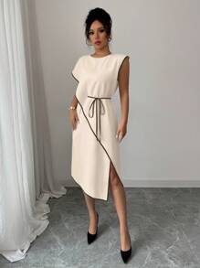 Elenzga French Minimalist 2025 Spring/Summer Loose Waist-Tied Asymmetrical Dress, High-Quality Mandarin Collar - Apricot - View 5