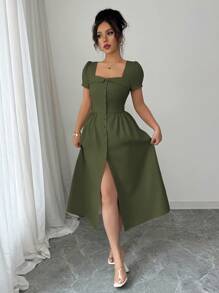 Elenzga Women's Elegant Commuting Trapezoid Collar, Cuff, Button Decoration, Waist-Cinched, A-Line, Slit Hem Long Sleeve Dress, Spring/Summer - Army Green - View 4