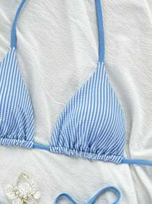 Swim Mod 2pcs/Set New Crinkle Striped Halter Tie Side High Cut Spaghetti Strap Bikini Swimwear, Blue & White Beach Vacation Women Swimwear For Summer - Blue - View 4