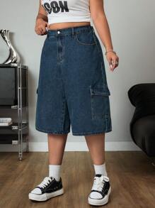 SHEIN ICON Loose Straight Washed Blue Utility Cargo Pants With Big Pockets - Dusty Blue - View 5