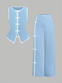 SHEIN Clasi 2 pezzi/Set Tuta casual in tinta unita per donne taglie forti, composta da gilet e pantaloni - Blu e Bianco - Visualizzare 1