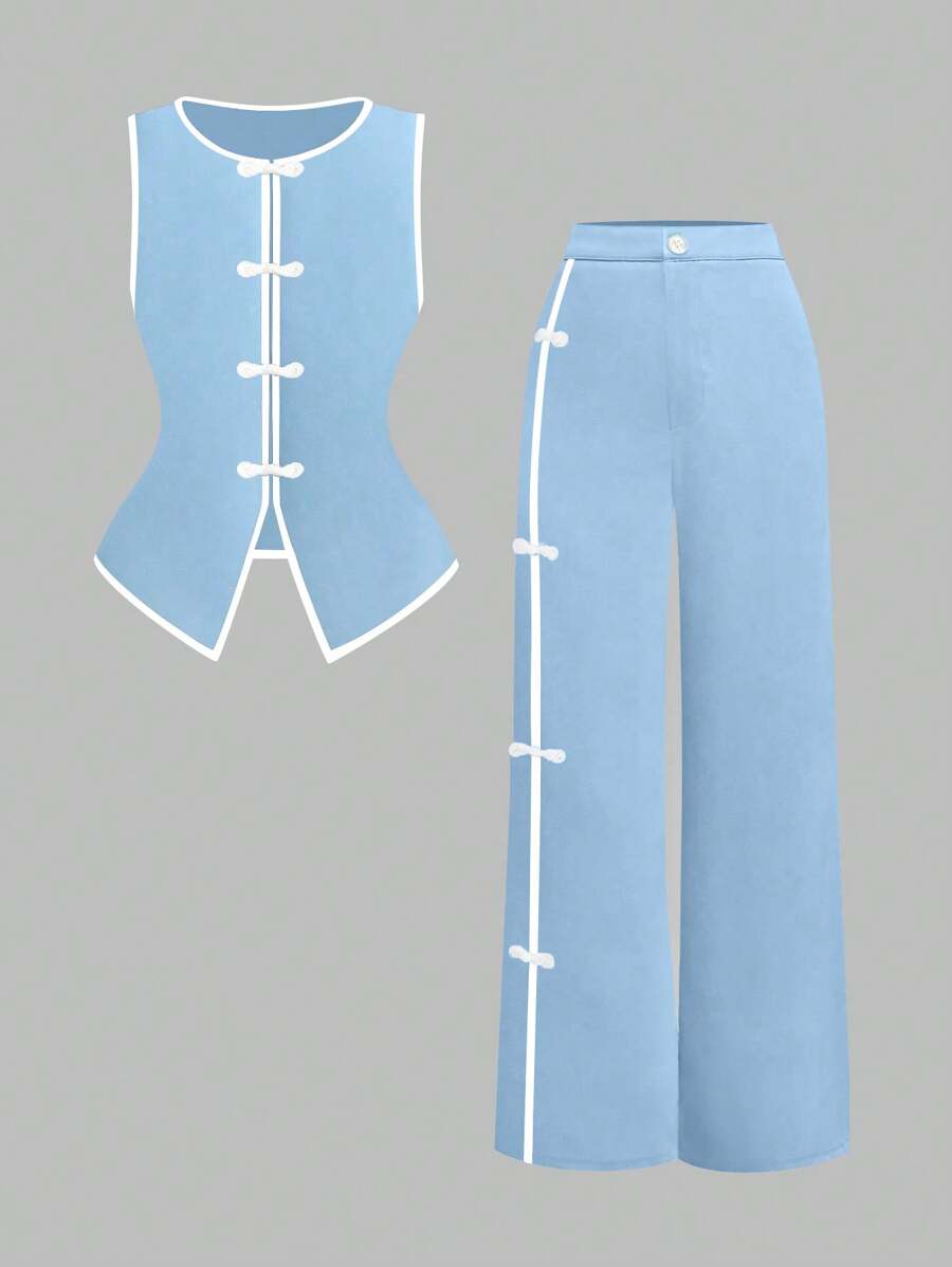 SHEIN Clasi 2 pezzi/Set Tuta casual in tinta unita per donne taglie forti, composta da gilet e pantaloni - Blu e Bianco - Visualizzare 1