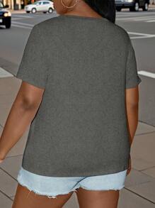 SHEIN LUNE Plus Size Loose Regular Fit Crewneck Short Sleeve Floral Print T-Shirt - Dark Grey - View 2