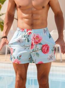 Surfspeed Men's Floral Print Pocketed Drawstring Waist Beach Shorts, Suitable For Summer - Baby Blue - View 6