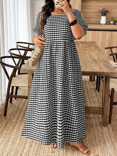 Weeklong Plus Size Plaid Print Square Collar Casual Short Sleeve Dress, Suitable For Summer
