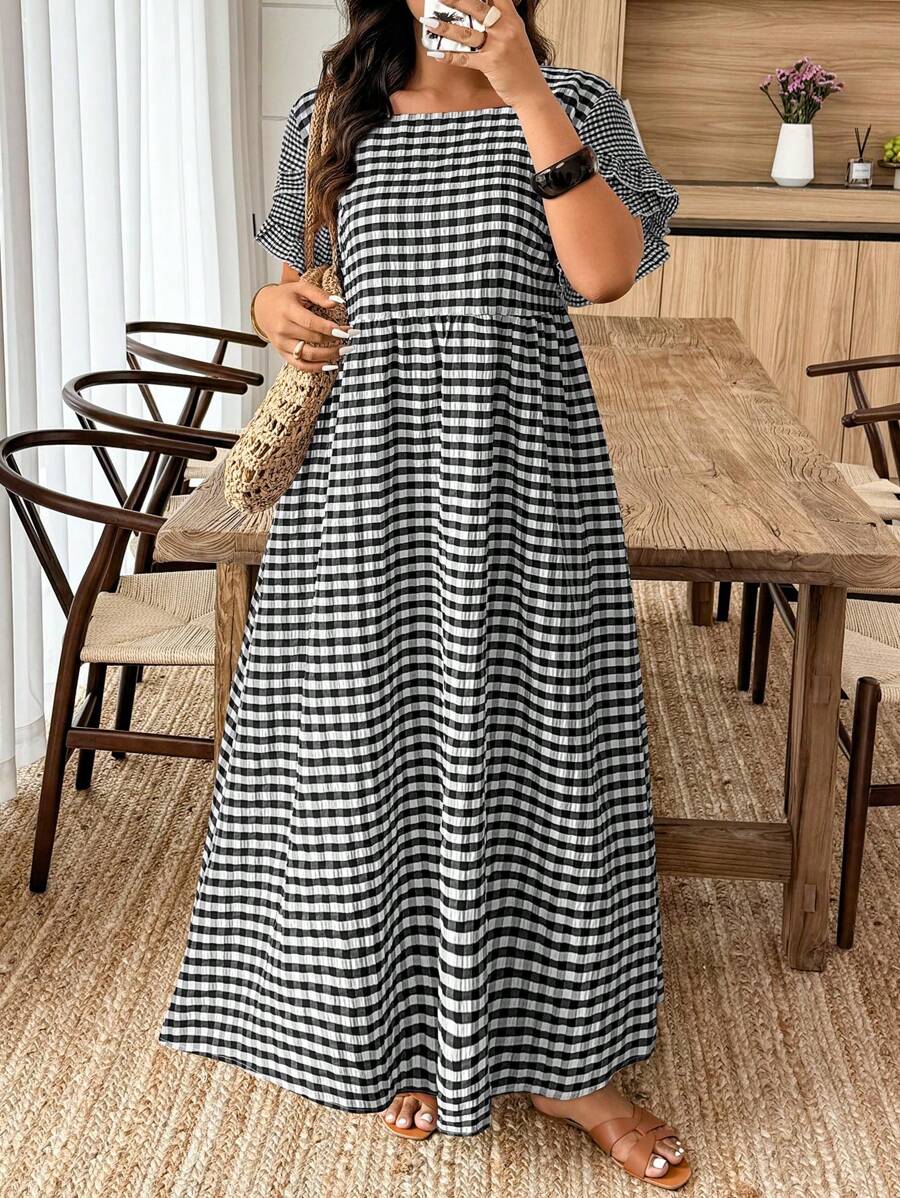 Weeklong 大码格子印花方领休闲短袖连衣裙，适合夏季 - 黑色 - 查看 1