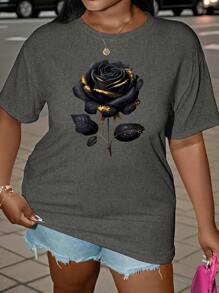 SHEIN LUNE Plus Size Loose Regular Fit Crewneck Short Sleeve Floral Print T-Shirt - Dark Grey - View 4