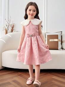 Young Girl Pearl Decor Large Lapels Patchwork Patchwork Floral Jacquard Midi A-Line Dress, Shawl Neck, Cake Dress, Flower Girl, Cute & Elegant & Sweet & Vintage & Fashionable. Mom And Daughter & Sisters Matching, Family Vacation, Daily Wear, Home Family Gatherings And Special Occasions, Sibling Outfits, Gorgeous Princess, Party Wear, For Birthdays, Spring/Summer. - Pink - View 8