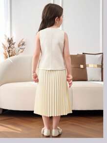 SHEIN 2pcs Set Young Girl Elegant Sleeveless Blazer Vest & Pleated Skirt Suit,Mom And Daughter & Sisters Matching Style Matching