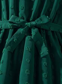 SHEIN Tween Girl Fuzzy Jacquard Lined Puff Sleeve Dress With Belt, Droplet Collar Casual Dress - Dark Green - View 7