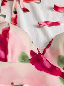 SHEIN Unity 大码女式玫瑰印花细肩带开衩下摆连衣裙，优雅夏日 - 粉色 - 查看 3