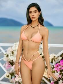 SHEIN Swim European & American Style Women Bikini Set, Cute Solid Color 2 Pieces Swimwear With Metal Decor, Summer Casual Holiday Beach Outfit - Dusty Pink - View 1