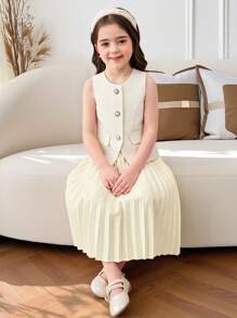 SHEIN 2pcs Set Young Girl Elegant Sleeveless Blazer Vest & Pleated Skirt Suit,Mom And Daughter & Sisters Matching Style Matching