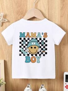 Baby Boy Summer Casual Cute Checkerboard Face "MAMA's BOY" Letter Print Short Sleeve Round Neck T-Shirt