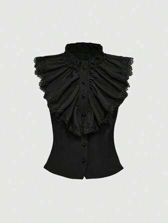 Goth Back To School  Retro Gothic Ruffle Collar Splice Women Halter Shirt Top, For Back To School, Can Be Worn Alone Or As Underlayer Black Ruffle Top