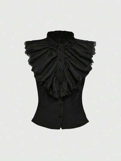 Goth Top femme col à volants gothique rétro, épissage, style haletant. Convient pour la rentrée, peut être porté seul ou comme sous-couche