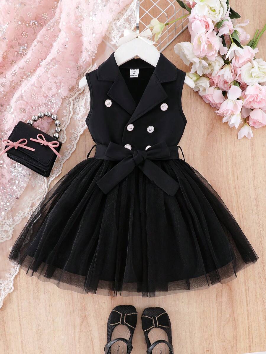 SHEIN Elladie kids 女童春秋度假优雅奢华甜美可爱优雅无袖领口连衣裙 - 黑色 - 查看 1